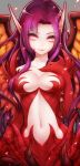  breasts cleavage elbow_gloves gloves keikazz league_of_legends lips long_hair looking_at_viewer morgana navel pointy_ears purple_hair red_gloves smile solo wings 