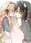  1girl black_hair blonde_hair couple eye_contact face-to-face hand_holding holding_hands hoodie interlocked_fingers kagerou_project long_hair looking_at_another mary_(kagerou_project) mitsu_yomogi red_eyes seto_(kagerou_project) short_hair smile souzou_forest_(vocaloid) vocaloid 