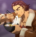  bomber_jacket brown_hair chest_hair chopsticks eating food green_eyes highres rock_bison solo soup sweatdrop tamanegiya tiger_&amp;_bunny 