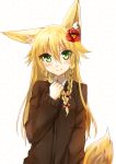  1girl animal_ears blonde_hair blush braid female flower fox_ears fox_tail green_eyes haik hair hair_flower hair_ornament kokonoe_tsubaki long_hair looking_at_viewer original smile solo tail twin_braids 