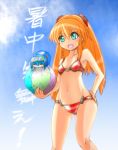  beachball bikini blue_sky cyber_angels_valforce densou_tenshi_valforce flat_chest green_eyes hand_on_hip karukan_(monjya) long_hair minigirl misawa_elena orange_hair red_bikini shochuumimai sky striped striped_bikini striped_swimsuit swimsuit translated 