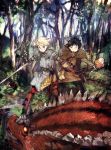  2boys blonde_hair blue_eyes brown_eyes cape eating female_knight food forest gloves horn maoyuu_maou_yuusha meat monster multiple_boys nature open_mouth original short_hair standing toi8 tree 