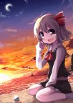  1girl :d beach blonde_hair bow crescent_moon hair_bow hair_ribbon highres kneeling lighthouse moon open_mouth red_eyes ribbon rumia sand shell short_hair skirt smile solo soramuko sunset touhou 