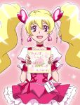  blonde_hair choker corset cure_peach dress earrings fresh_precure! hair_ornament hairpin heart_hair_ornament jewelry long_hair magical_girl momozono_love pink_background pink_dress pink_eyes precure skirt smile solo tawashi_(pixiv) twintails wrist_cuffs 