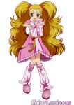  akizuki_(kondou_kyouhei) belt blonde_hair boots character_name derivative_work dress epaulettes futari_wa_precure futari_wa_precure_max_heart green_eyes hair_ornament hairpin heart highres kondou_kyouhei kujou_hikari kujou_hikaru leg_warmers long_hair magical_girl precure shiny_luminous smile solo twintails white_background 