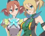  armlet arms_behind_back bare_shoulders blonde_hair blue_eyes brown_hair choker hair_ornament hairclip highres multiple_girls patty_(pso2) phantasy_star phantasy_star_online phantasy_star_online_2 pointy_ears r_n_(kisaragiyurii) simple_background tear_(pso2) tongue tongue_out twintails 