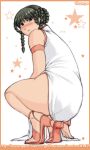  armlet black_hair blush braid brown_eyes champ+ china_dress chinese_clothes dead_or_alive from_behind hair_rings high_heels lei_fang long_hair looking_back sandals shoes side_slit solo squatting thick_thighs thighs tiptoes twin_braids watermark web_address 