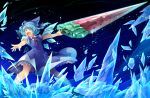  :o blue_eyes blue_hair bow cirno dress hair_bow highres holding huge_weapon ice ice_wings kokka_han open_mouth outstretched_arms short_hair solo sword touhou weapon wings 