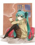  cocoa cushion green_eyes green_hair hair_ribbon hatsune_miku highres long_hair looking_at_viewer pantyhose ribbon safaia sitting solo twintails very_long_hair vocaloid window 