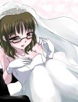  akizuki_ritsuko blush breasts character_request clearite dress glasses gloves idolmaster looking_at_viewer solo wedding_dress 