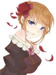  bare_shoulders beatrice blonde_hair blue_eyes blush dress flower hair_flower hair_ornament highres looking_at_viewer naughty_face nemu_(nebusokugimi) petals rose_petals smile solo umineko_no_naku_koro_ni 