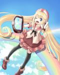  black_legwear blonde_hair blue_eyes cloud clouds hat kazuharu_kina long_hair open_mouth original personification pigeon-toed pixa rainbow ribbon short_sleeves sitting skirt sky solo tablet tablet_pen thigh-highs thighhighs very_long_hair wink 