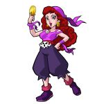  1girl absurdres bandana bare_shoulders big_hair boots brown_hair capri_pants captain_syrup coin earrings eyeliner hand_on_hip highres jewelry lipstick long_hair makeup nintendo official_art red_eyes skull solo tank_top wario_land 