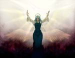  angel angel_wings bangs bird blue_dress blue_hair closed_eyes dizmathik dress eyes_closed halo hands large_breasts long_hair multiple_wings parted_bangs raised_hands sariel solo touhou touhou_(pc-98) wide_hips wide_sleeves wings 