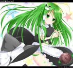  character_name cosplay crossed_fingers frog green_eyes green_hair kirisame_marisa kirisame_marisa_(cosplay) kochiya_sanae long_hair looking_at_viewer maccha skirt solo star touhou 