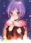  blush brown_eyes coat glasses looking_at_viewer nagato_yuki purple_hair scarf short_hair sketch snowing solo suzumiya_haruhi_no_shoushitsu suzumiya_haruhi_no_yuuutsu yokoyari_mengo 