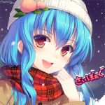 :d alternate_costume beanie blue_hair coat contemporary face food fruit hat hinanawi_tenshi long_hair looking_at_viewer lowres momoko_(momopoco) open_mouth peach plaid plaid_scarf red_eyes scarf smile snow solo touhou 