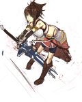  ade_(emi-tan) blue_eyes boots breasts brown_hair faulds half_updo highres large_breasts looking_at_viewer markings original pan!ies payot sketch solo sword weapon white_background 