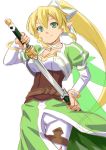  blonde_hair breasts cleavage elf green_eyes holding leafa long_hair miri_(ago550421) pointy_ears scabbard sheath side_ponytail sketch smile solo sword sword_art_online unsheathing weapon white_background 