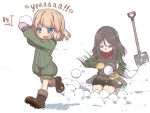  :d black_hair blonde_hair blue_eyes fang girls_und_panzer katyusha long_hair multiple_girls nonna open_mouth russian sabaku_chitai short_hair shovel smile snowball worktool 