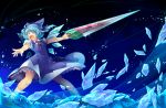  :o blue_eyes blue_hair bow cirno dress hair_bow highres holding ice ice_wings kokka_han open_mouth outstretched_arms short_hair solo sword touhou weapon wings 