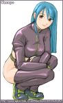  belt blue_hair breasts champ+ chaps cropped_jacket gloves king_of_fighters kula_diamond large_breasts long_hair midriff no_panties red_eyes smile solo squatting watermark web_address 