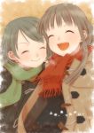  :d ^_^ blush brown_hair closed_eyes eyes_closed jacket long_hair multiple_girls open_clothes open_jacket open_mouth original sato_miiko scarf short_hair smile 