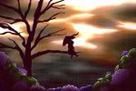  1girl bare_tree cloudy_sky flower hydrangea in_tree juurouta_(pixiv3673286) rain silhouette sitting sitting_in_tree solo tatara_kogasa touhou tree twilight umbrella 