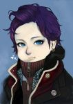  absurdres blue_eyes coat earrings highres jewelry junjunforever original purple_hair short_hair smile turtleneck zipper 