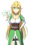  :o alternate_hairstyle bangle blonde_hair bracelet elf green_eyes hair_down hand_on_hip headwear_removed holding jewelry leafa long_hair nori_tamago pointy_ears simple_background solo sword_art_online thigh-highs thighhighs translated translation_request white_background white_legwear 