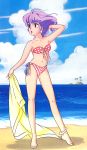  adjusting_hair anklet artist_request barefoot beach bikini character_request creamy_mami earrings highres indoors island jewelry lipstick mahou_no_tenshi_creamy_mami makeup morisawa_yuu navel official_art outdoors purple_hair sand short_hair solo standing sunglasses swimsuit towel towelrn 