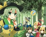  &gt;_&lt; 5girls :o ? apron black_hair blonde_hair blush bow broom capelet dress drill_hair forest green_hair hair_bow hat hat_ribbon heart kirisame_marisa komeiji_koishi long_hair long_sleeves luna_child multiple_girls nature open_mouth red_eyes ribbon shiroi_hakuto short_hair short_shorts shorts skirt smile star_sapphire sunny_milk third_eye touhou tree twintails vest wide_sleeves witch_hat yellow_eyes 