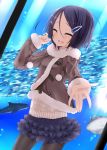  aquarium black_hair black_legwear blush closed_eyes coat eyes_closed fish hair_ornament hairclip highres open_mouth original outstretched_arm outstretched_hand pantyhose short_hair skirt smile solo suterii sweater 