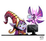  1girl blue_skin blush coffee computer computer_keyboard computer_mouse cup fairy green_eyes hat league_of_legends long_hair lulu_(league_of_legends) open_mouth phone pix pointy_ears purple_hair purple_skin smile witch_hat 