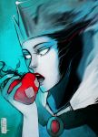  apple crossover crown dark-tarou eyelashes eyeliner food fruit half-closed_eyes highres ico makeup snow_white_and_the_seven_dwarfs solo the_queen white_pupil 