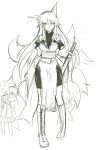  anger_vein animal_ears breasts fox_ears fox_tail haik kokonoe_tsubaki long_hair looking_at_viewer monochrome multiple_girls multiple_tails original simple_background sketch skirt smile sword tail weapon white_background 