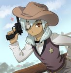  belt bowtie cowboy cowboy_hat eyepatch gun hat inazuma_eleven inazuma_eleven_(series) male mizuhara_aki revolver sakuma_jirou solo vest weapon western 
