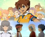  adult blush_stickers brown_hair closed_eyes endou_mamoru everyone eyes_closed goalkeeper gouenji_shuuya headband inazuma_eleven_(series) inazuma_eleven_go kageyama_hikaru kirino_ranmaru lightning_bolt male matsukaze_tenma mizuhara_aki multicolored_hair multiple_boys nishiki_ryouma nishizono_shinsuke open_mouth raimon sangoku_taichi shindou_takuto soccer_uniform tsurugi_kyousuke twintails two-tone_hair utsunomiya_toramaru 