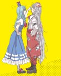  blue_dress boots dress fujiwara_no_mokou full_body hand_on_hip hjm kamishirasawa_keine lecturing long_hair multiple_girls pants side standing sweatdrop touhou very_long_hair yellow_background 