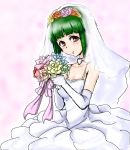  blush clearite dress elbow_gloves flower gloves green_hair idolmaster looking_at_viewer otonashi_kotori short_hair solo veil wedding_dress 