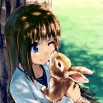  ;) against_tree beidan black_hair blue_eyes bunny holding long_hair original rabbit rough solo sunlight tree tree_shade wink 