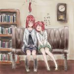  2yffmhbl akaza_akane akaza_akari blush bookshelf clock closed_eyes couch eyes_closed hair_bun multiple_girls red_hair redhead siblings sisters sitting syou_(endemic_species) v_arms yuru_yuri 