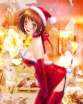  bare_shoulders blush breasts brown_eyes brown_hair bunny_tail christmas cleavage dress dress_pull elbow_gloves eyeshadow flower garter_straps garters gloves hat highres large_breasts looking_at_viewer makeup open_mouth original red_legwear ribbon santa_costume santa_hat short_hair smile solo star tail thigh-highs thighhighs yui_toshiki 