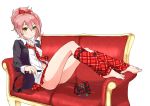  ashuku bag barefoot belt blazer bow cosplay couch dress_shirt feet hair_bow highres hinamori_amu hinamori_amu_(cosplay) idolmaster idolmaster_cinderella_girls jougasaki_mika long_legs look-alike navel necktie pink_hair plaid plaid_bow plaid_legwear plaid_necktie plaid_skirt ribbon school_uniform shirt shugo_chara! skirt solo toes yellow_eyes 