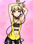  armpits arms_up blonde_hair blue_eyes blush breasts clearite gym_leader kamitsure_(pokemon) looking_at_viewer pantyhose pokemon pokemon_(game) pokemon_black_and_white pokemon_bw short_hair solo 