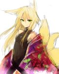  animal_ears fox_ears fox_tail green_eyes haik long_hair multiple_tails original simple_background solo tail white_background 