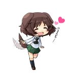  akiyama_yukari animal_ears b3 black_legwear blush brown_eyes brown_hair chibi closed_eyes cross dog_ears dog_tail girls_und_panzer heart kemonomimi_mode leg_lift messy_hair miniskirt neckerchief open_mouth pleated_skirt school_uniform serafuku shoes short_hair skirt smile socks solo standing tail tail_wagging 