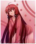  ahoge all_fours bottomless breasts cleavage hair_ribbon himuro_akari ladymarta long_hair naked_sweater night_wizard red red_eyes red_hair redhead ribbed_sweater ribbon solo surprised sweater v-neck very_long_hair 