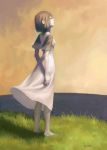  barefoot barefoot_sandals brown_hair dress grass horizon ico looking_up nature ocean outdoors pale_skin short_hair signature sky solo standing vince_price water white_dress wind_lift yorda 