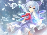 blue_dress blue_eyes blue_hair bow cirno dress hair_bow ice looking_at_viewer puffy_sleeves revision shirt short_hair short_sleeves smile snowflakes solo touhou wakame_mi wings 